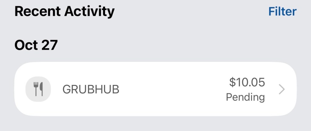 Amex recent activity showing Grubhub $10.05 pending