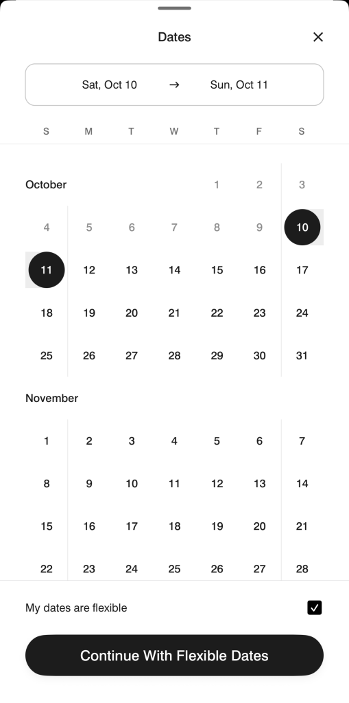 Marriott app date picker with My dates are flexible checked