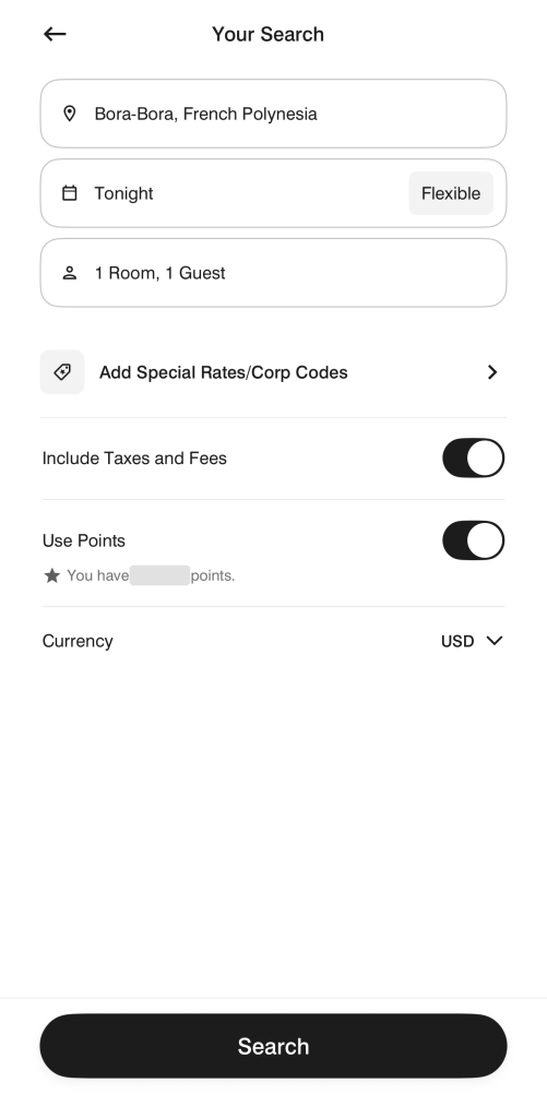 Marriott Bonvoy app search screen for Bora-Bora with Use Points turned on