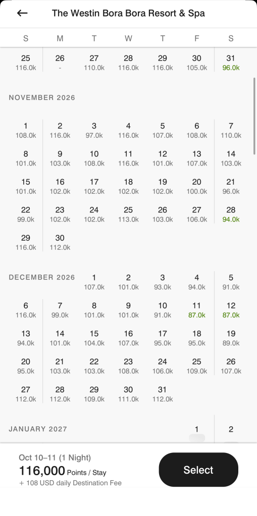 Westin Bora Bora points calendar showing nightly Marriott point prices
