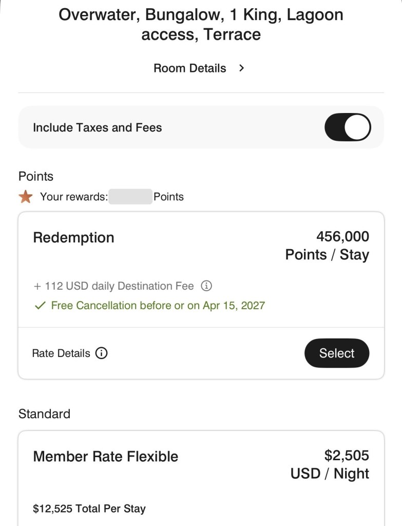 Rate details showing 456,000 points versus a $12,525 cash total