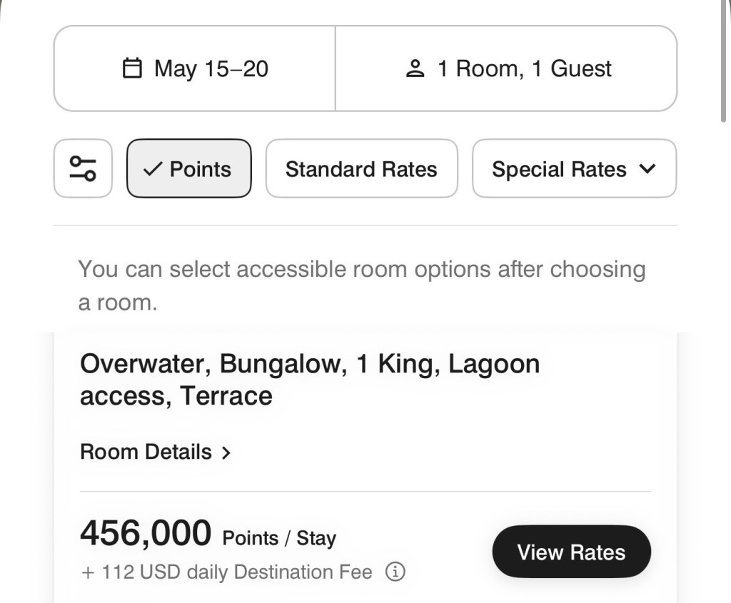 Overwater bungalow for May 15-20 showing 456,000 points per stay