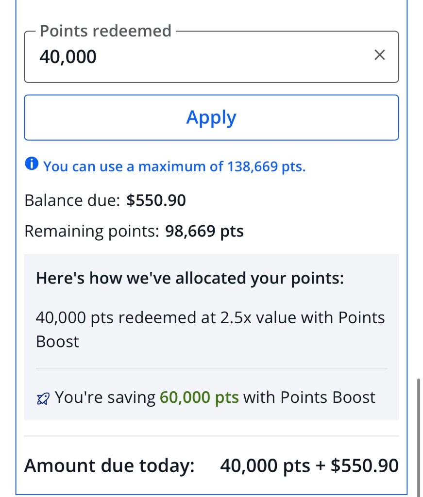 Points redeemed: 40,000 at 2.5x value with Points Boost, balance due $550.90