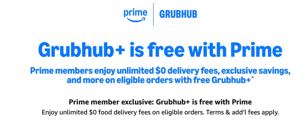 Grubhub+ is free with Amazon Prime promo page