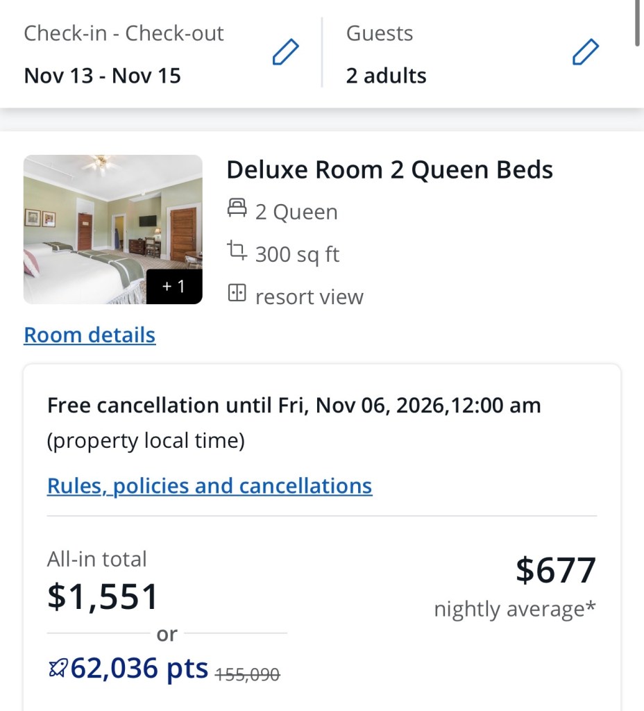 Deluxe Room 2 Queen Beds for Nov 13-15 at $1,551 or 62,036 points with Points Boost