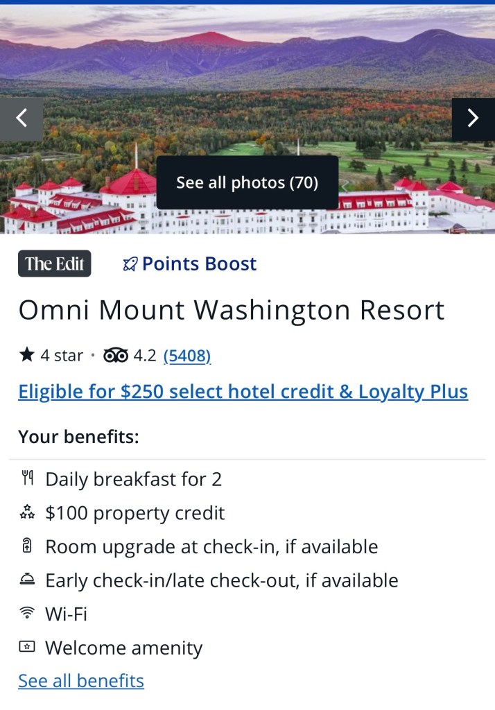Omni Mount Washington Resort listing on Chase Travel showing The Edit, Points Boost, and the $250 select hotel credit