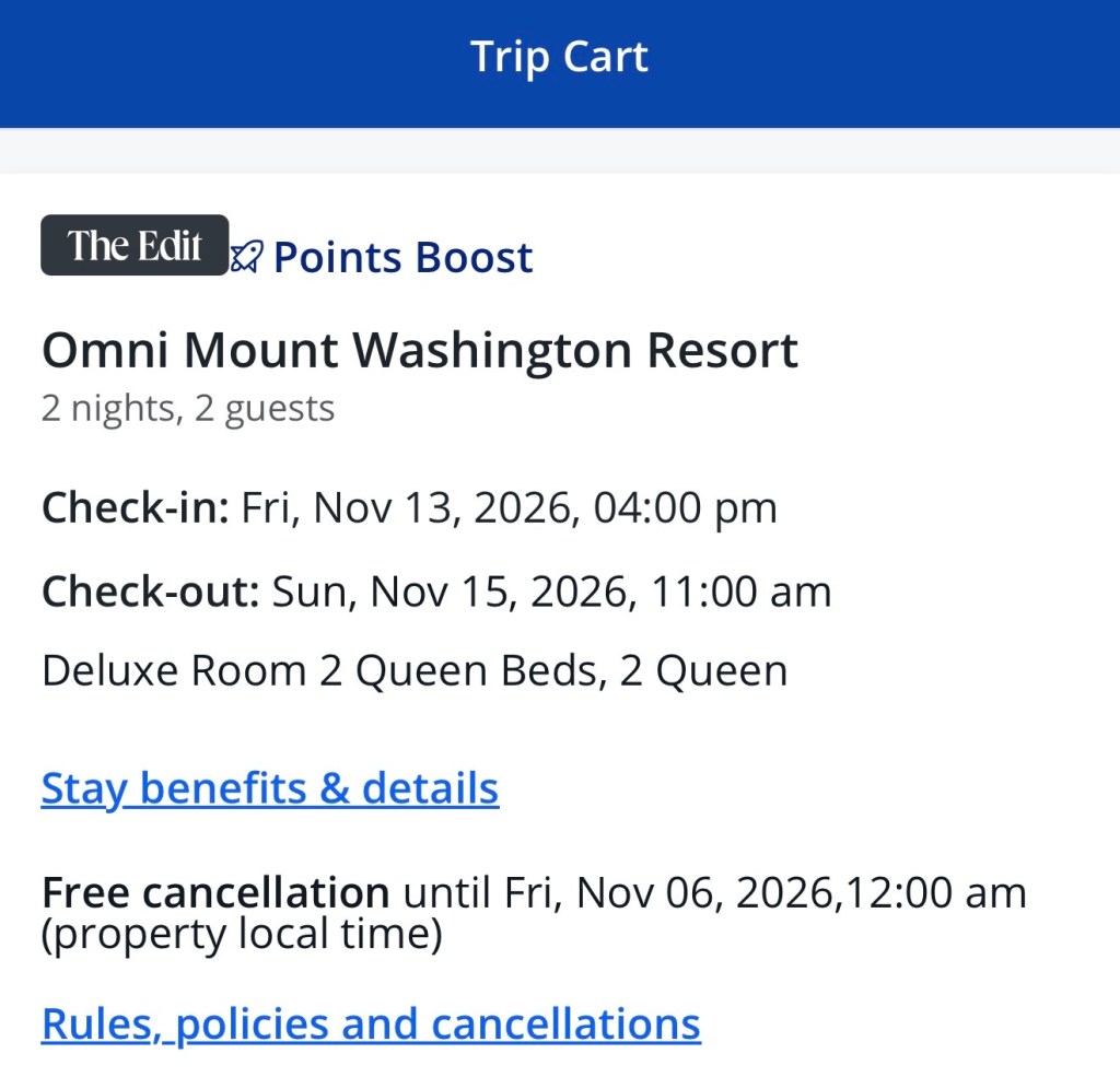Chase Travel trip cart for the Omni Mount Washington Resort, 2 nights, Nov 13-15, 2026