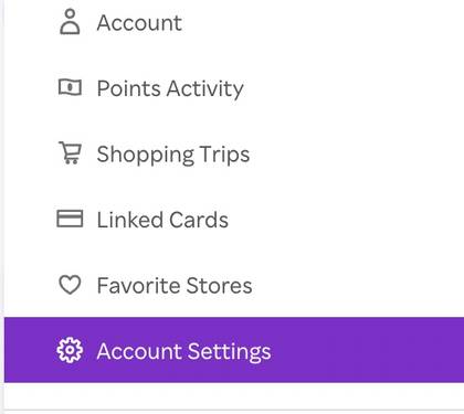 Rakuten account menu with Account Settings selected