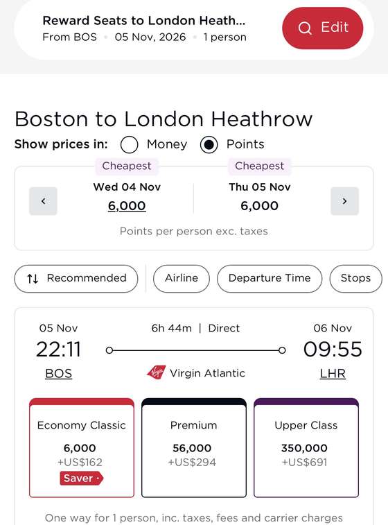 Virgin Atlantic award search, Boston to London Heathrow: Economy Classic Saver 6,000 points plus $162